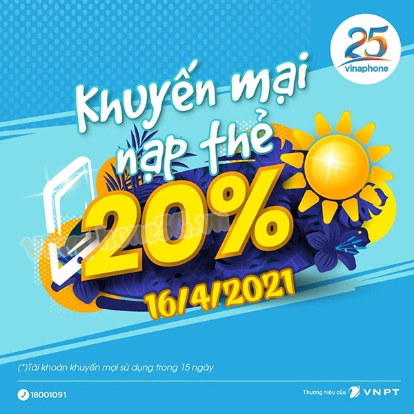Vinaphone khuyến mãi ngày 16/4/2021 ưu đãi 20% giá trị tiền nạp bất kỳ