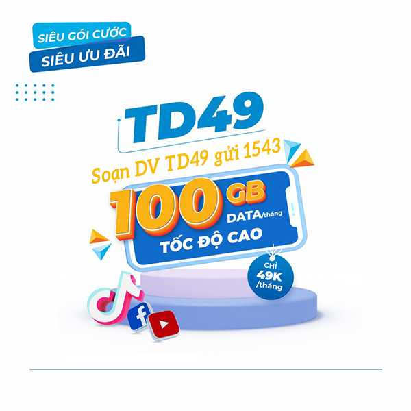 Đăng ký gói cước TD49 Vinaphone có 100GB data dùng thoải mái 30 ngày