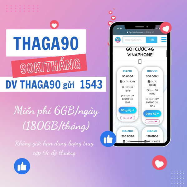 Cách đăng ký gói cước THAGA90 Vinaphone ưu đãi đến 180GB data tốc độ cao